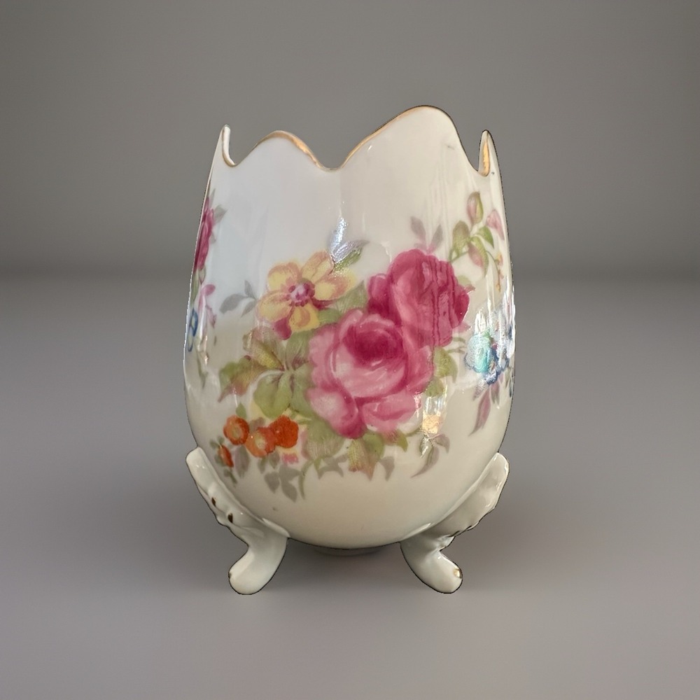 Vintage Napco Footed Broken EGG VASE Pink Rose Blue Flowers Gold Trim Japan